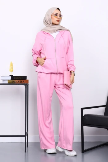 Pembe Kapşonlu Fermuarlı Kanguru Cepli Modal Takım