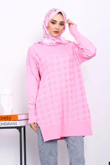 Pembe Kazayağı Desenli Soğuk İplik Triko Tunik
