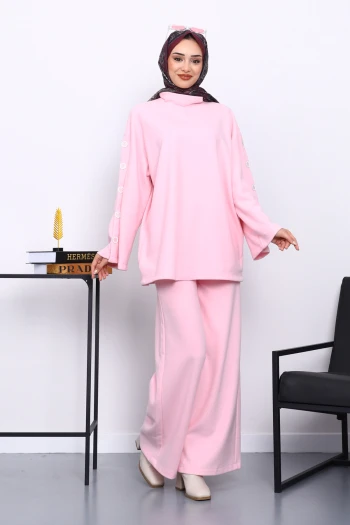 Pembe Kol Düğme Detaylı Tunik Pantolonlu Takım