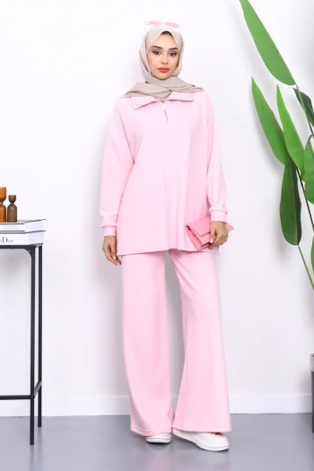 Pembe Yaka Fermuarlı Tunik Pantolonlu Fitilli Takım