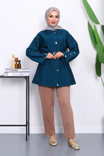 Petrol Mavisi Çıtçıt Düğmeli Fermuarlu Tunik Gömlek
