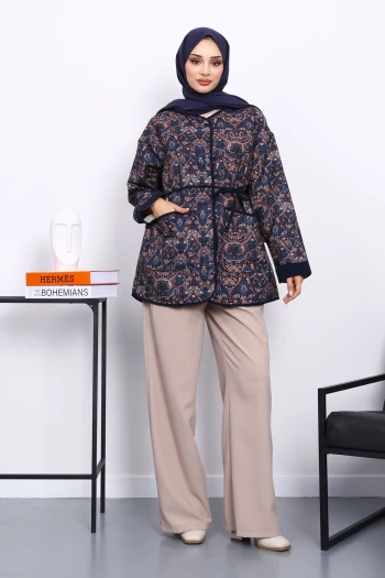 Petrol Mavisi Etnik Desenli Çıtçıtlı Ceket