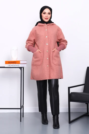 Pudra Kapşonlu Buklet Kaban