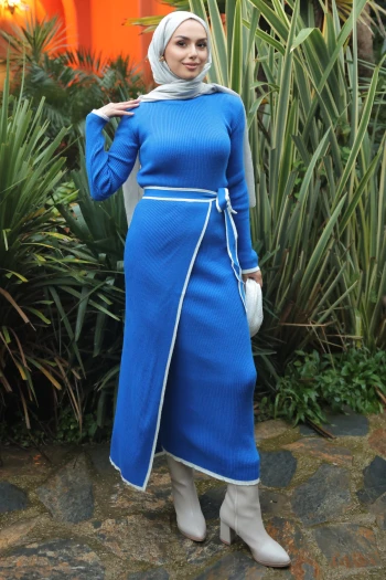 Saks Mavi Yan Bağlama Detaylı Fitilli İkili Triko Elbise