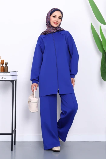 Saks Mavi Fermuarlı Tunik Pantolonlu Takım