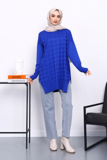 Saks Mavi Kazayağı Desenli Soğuk İplik Triko Tunik