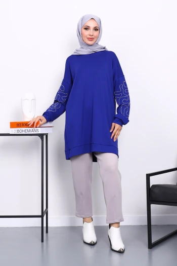 Saks Mavi Kolu İşlemeli Modal Tunik