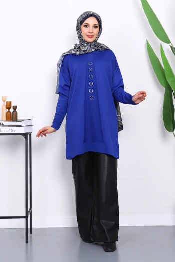 Saks Mavi Ön Detaylı Soğuk İplik Triko Tunik