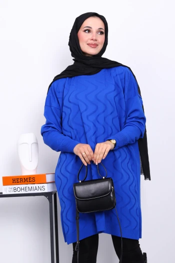 Saks Mavi Soğuk İplik Merserize Triko Tunik