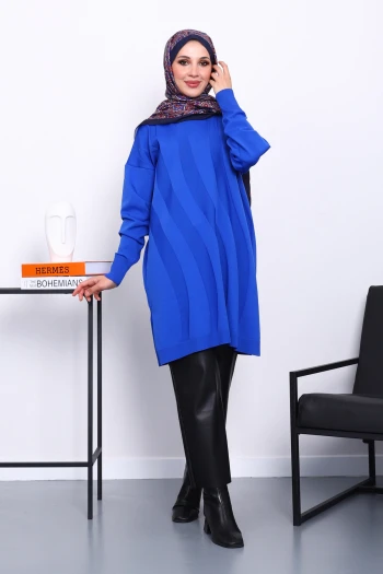 Saks Mavi Soğuk İplik Merserize Triko Tunik