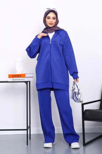 Saks Mavi Taşlı Scuba Tunik Pantolonlu Takım