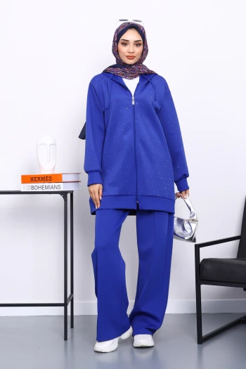Saks Mavi Taşlı Scuba Tunik Pantolonlu Takım