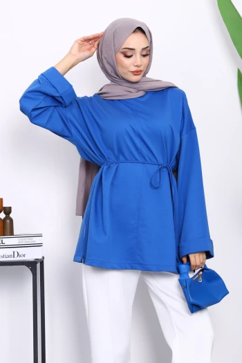 Saks Mavi Yanları Yırtmaçlı Bel İpli Tunik
