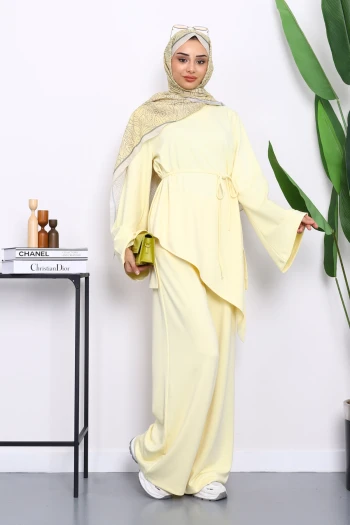 Sarı Asimetrik Kesim Tunik Pantolonlu Takım