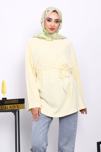 Sarı Bisiklet Yaka Bel Kuşaklı Tunik
