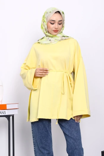 Sarı Dikiş Detaylı Yanları Yırtmaçlı Sweatshirt