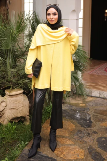 Sarı Şal Detaylı Dokulu Hırka
