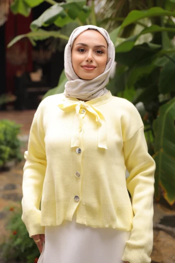 Sarı Yaka Bağlamalı Düğmeli Triko Hırka