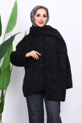 Siyah Atkılı Detaylı Düğmeli Angora Ceket