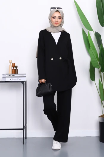 Siyah Bağlama Detaylı Tunik Pantolonlu Takım