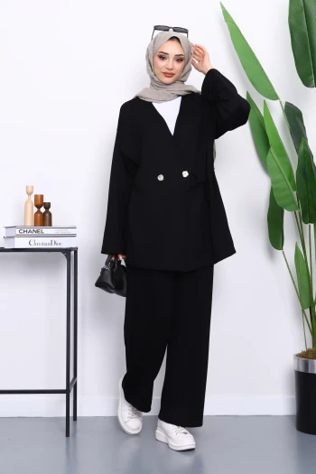 Siyah Bağlama Detaylı Tunik Pantolonlu Takım