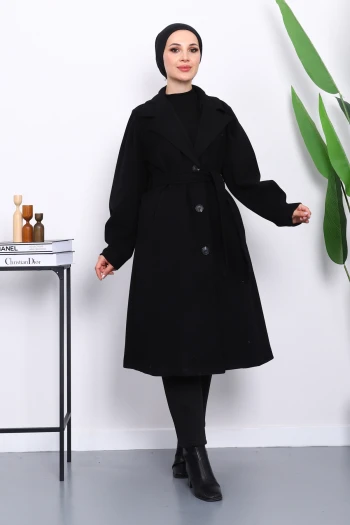 Siyah Balon Kol Bel Kemerli Kaşe Kaban