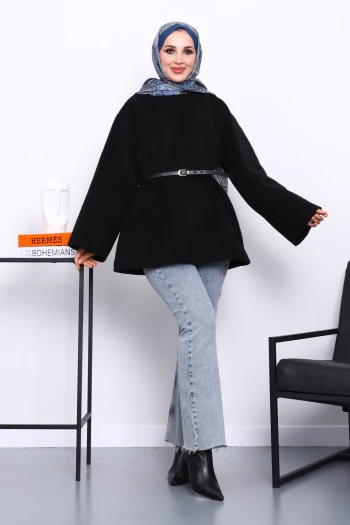 Siyah Bel Kemerli Angora Tunik