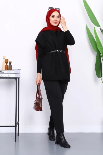 Siyah Bel Kemerli Orkide Yelek