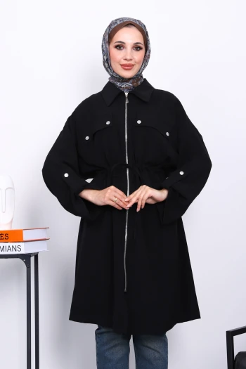 Siyah Bel Kuşaklı Çift Cepli Gabria Kap