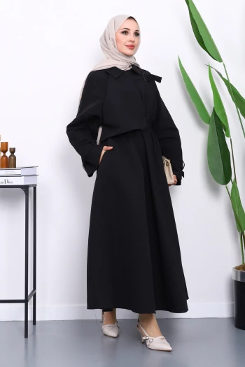 Siyah Bel Lastikli Kemerli Trenç Elbise