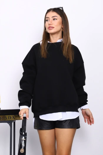 Siyah Bisiklert Yaka Üç İplik Sweat