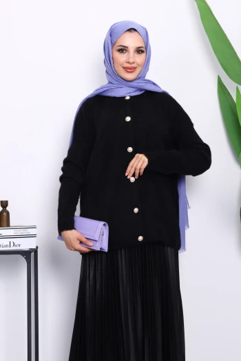 Siyah Bisiklet Yaka Angora Yumoş Hırka