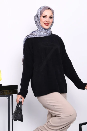 Siyah Bisiklet Yaka Desenli Angora Yumoş Triko Kazak