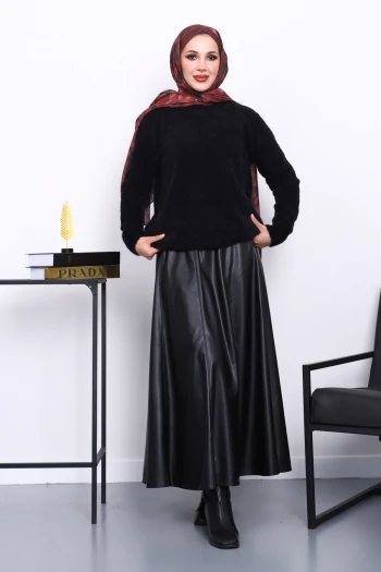 Siyah Bisiklet Yaka Angora Yumoş Triko Kazak