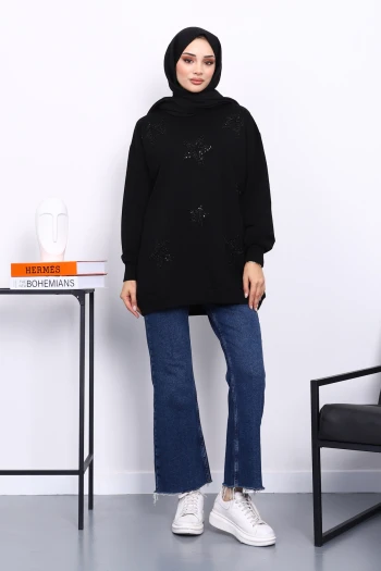 Siyah Bisiklet Yaka Taşlı Modal Sweatshirt