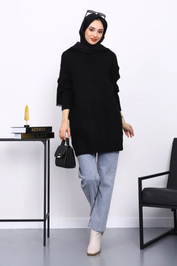 Siyah Bisiklet Yaka Triko Kazak