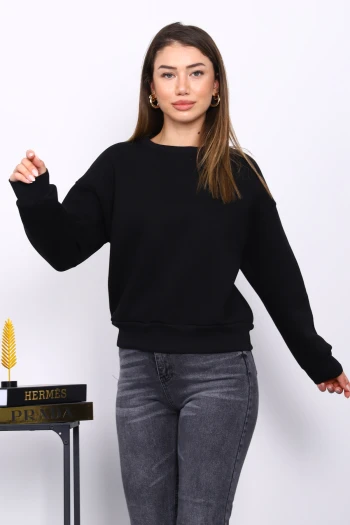 Siyah Bisiklet Yaka Üç İplik Sweat