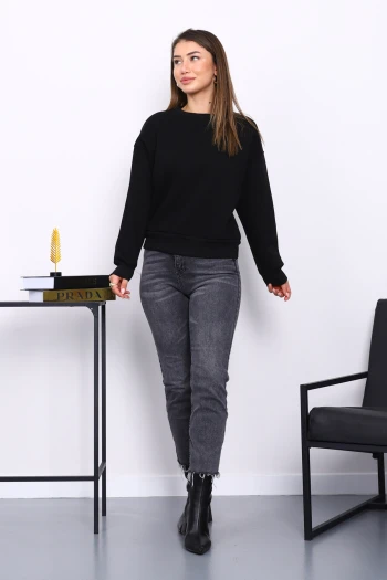 Siyah Bisiklet Yaka Üç İplik Sweat