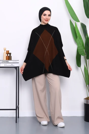 Siyah Bisiklet Yaka Yan Yırtmaçlı Panço