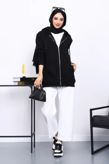 Siyah Cepli Fermuarlı Üç İplik Kapşonlu Sweat
