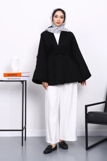 Siyah Cepli İp Detaylı Kanvas Ceket