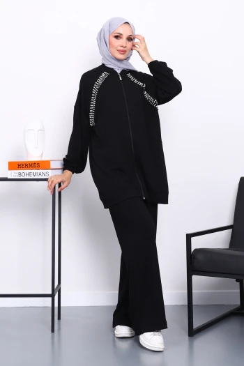 Siyah Çift Cepli Taş İşlemeli Modal Takım