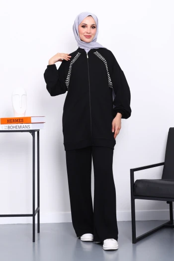 Siyah Çift Cepli Taş İşlemeli Modal Takım