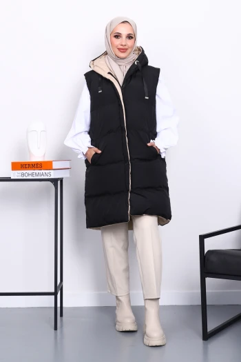Siyah Çift Taraflı Kapşonlu Şişme Yelek