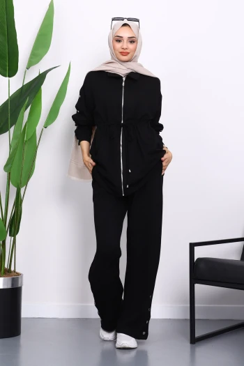 Siyah Çıtçıt Detaylı Tunik Pantolonlu Modal Takım