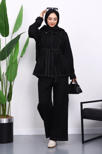 Siyah Çıtçıtlı Ceket Pantolonlu Gabardin Takım