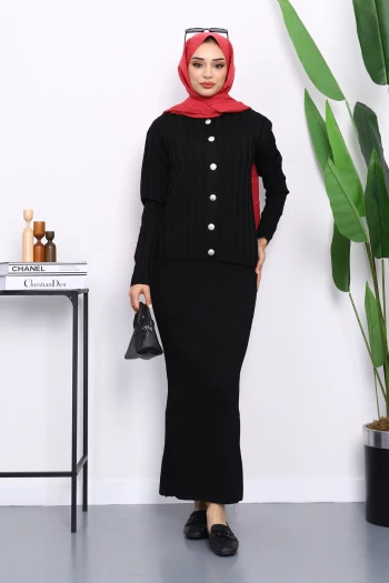 Siyah Crop Hırka Triko Elbise İkili Kombin