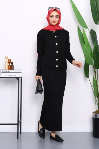 Siyah Crop Hırka Triko Elbise İkili Kombin