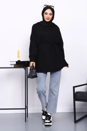 Siyah Düğme Detaylı Oversize Sweatshirt