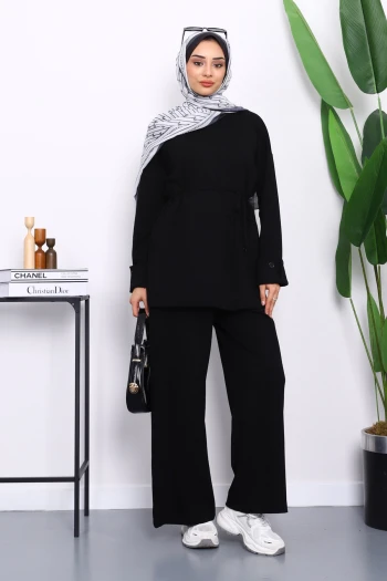 Siyah Düğme Detaylı Tunik Pantolonlu Modal Takım